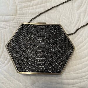 House of Harlow 1960 Black Snakeskin Clutch with Shoulder Chain